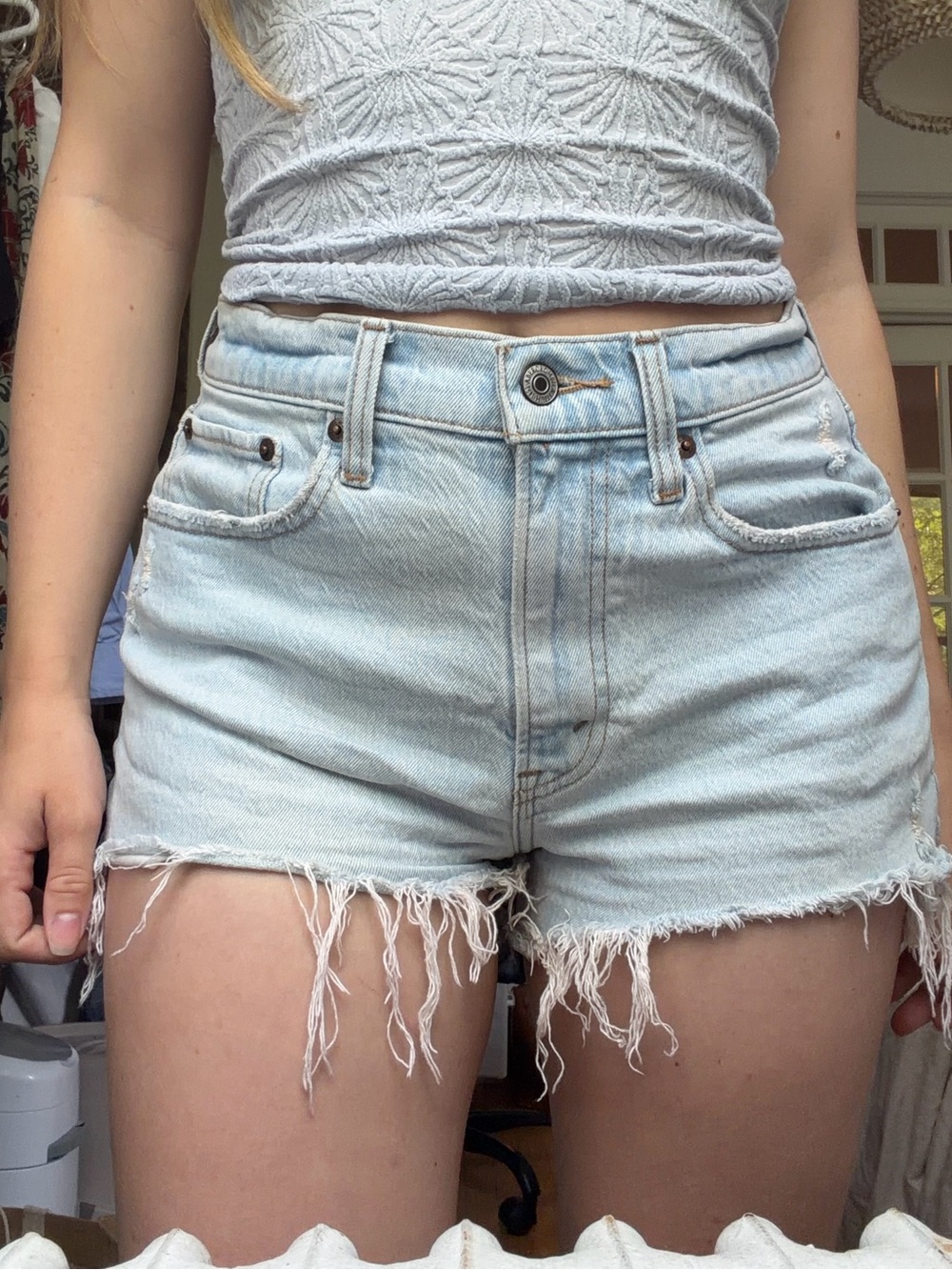 Abercrombie & Fitch Light Wash Distressed High-Rise Denim Shorts